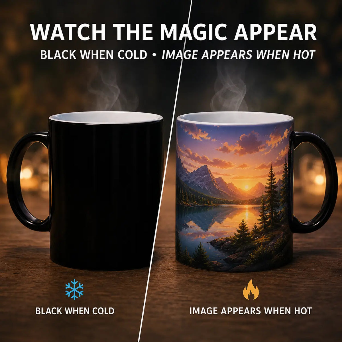 Black mug that changes to a scenic landscape when hot