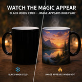 Black mug that changes to a scenic landscape when hot