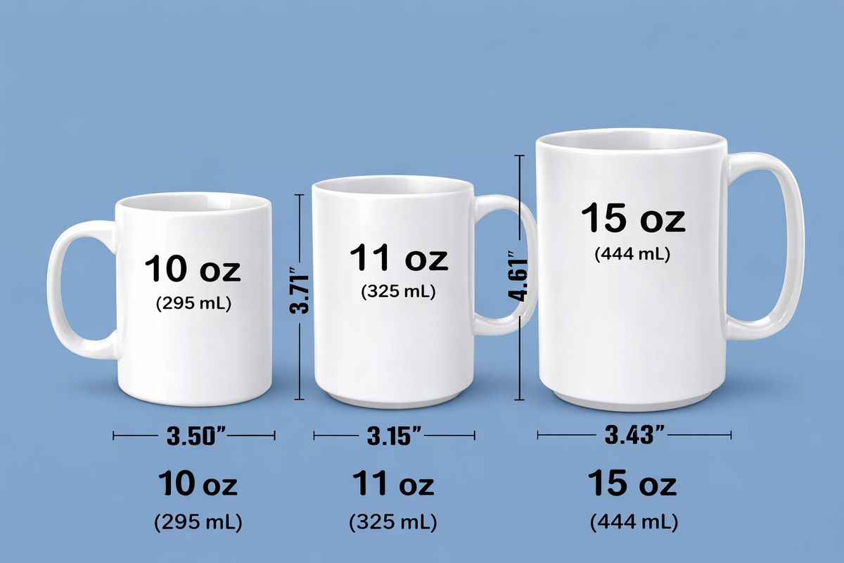 Three white mugs with measurements on a blue background